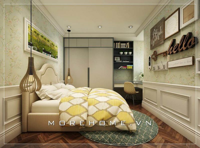 Mẫu giường ngủ bọc da đẹp, phần đầu giường được nạm đinh ấn tượng tạo nên vẻ đẹp cá tính cho phòng ngủ con gái